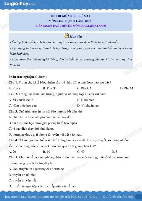 Đề thi giữa kì 2 Sinh 10 Cánh diều - Đề số 1
